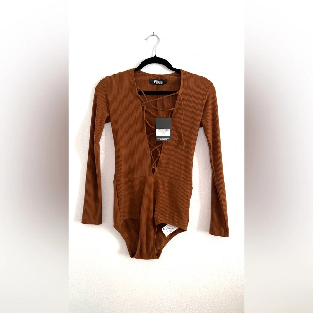 Reformation Brown Lace-Up Long Sleeve Bodysuit